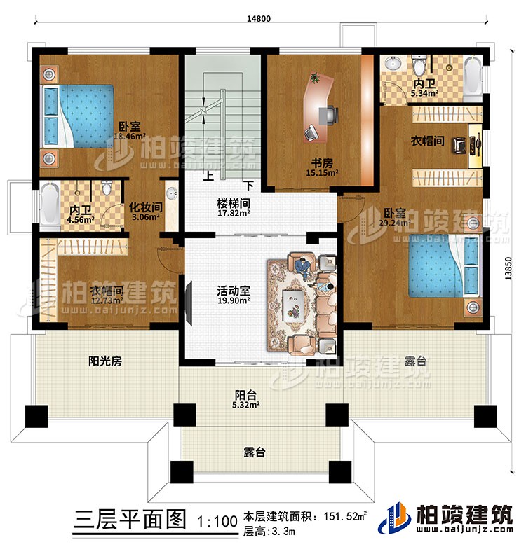 三层:楼梯间、活动室、2卧室、2衣帽间、化妆间、2内卫、书房、阳台、阳光房、2露台