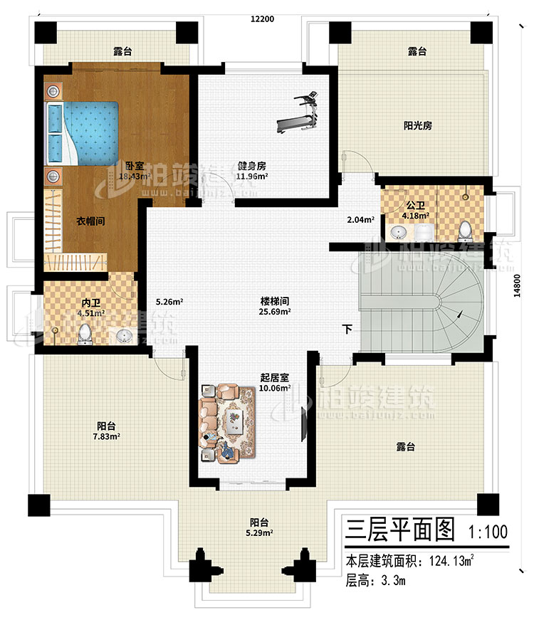 三层:起居室、楼梯间、健身房、阳光房、卧室、衣帽间、内卫、公卫、2阳台、3露台