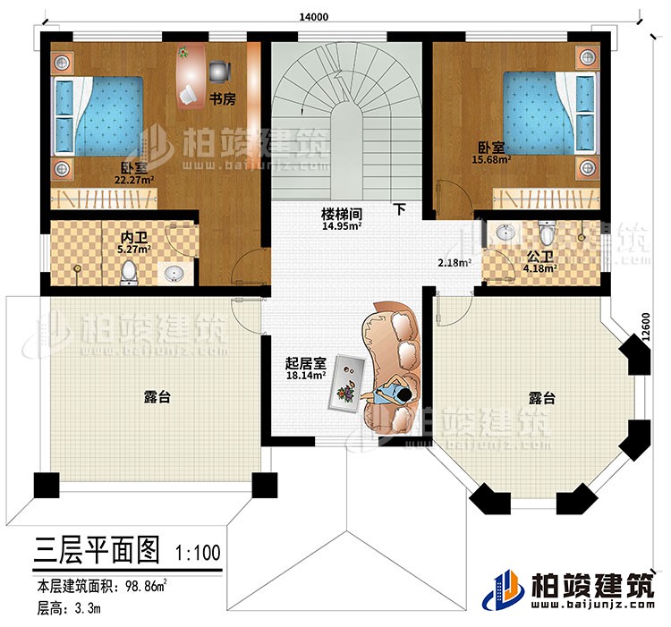 三层:起居室、楼梯间、2卧室、书房、公卫、内卫、2露台