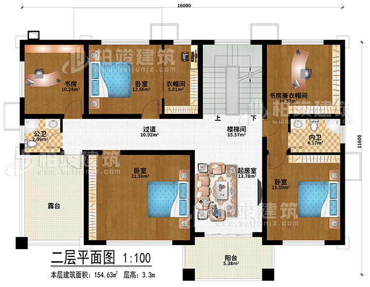 二层:楼梯间、过道、起居室、3卧室、书房、书房兼衣帽间、衣帽间、公卫、内卫、露台、阳台