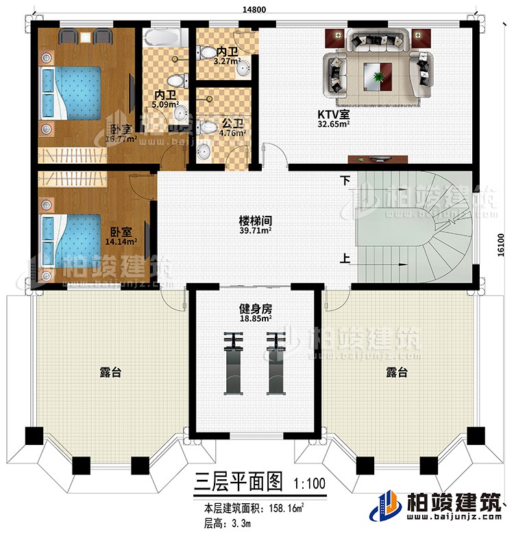 三层:2卧室、KTV室、楼梯间、健身房、公卫、2内卫、2露台